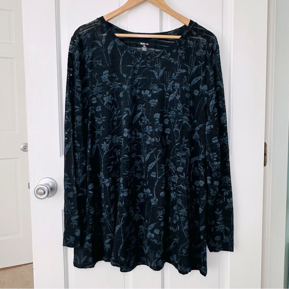 Style & Co Black Floral Patterned Burn-out Semi Sheer Tunic Top Size XXL